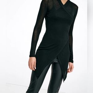 Asymmetrical Long-Sleeve Wrap Tunic Dress - Black